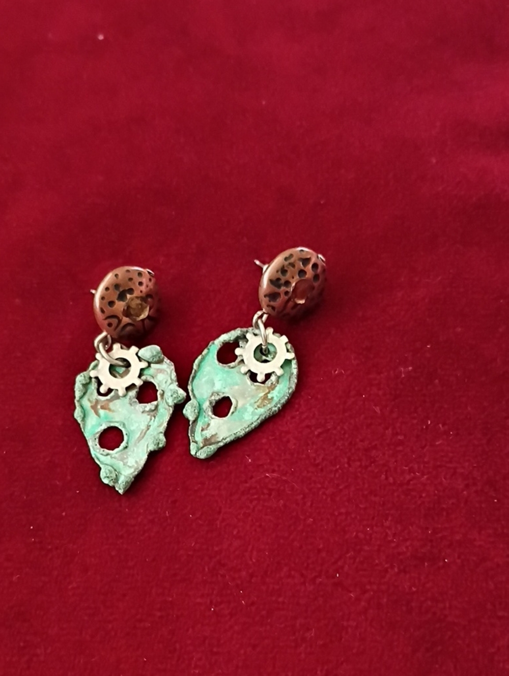 Patina Green Copper Gear Drop Earrings - Women Jewelry